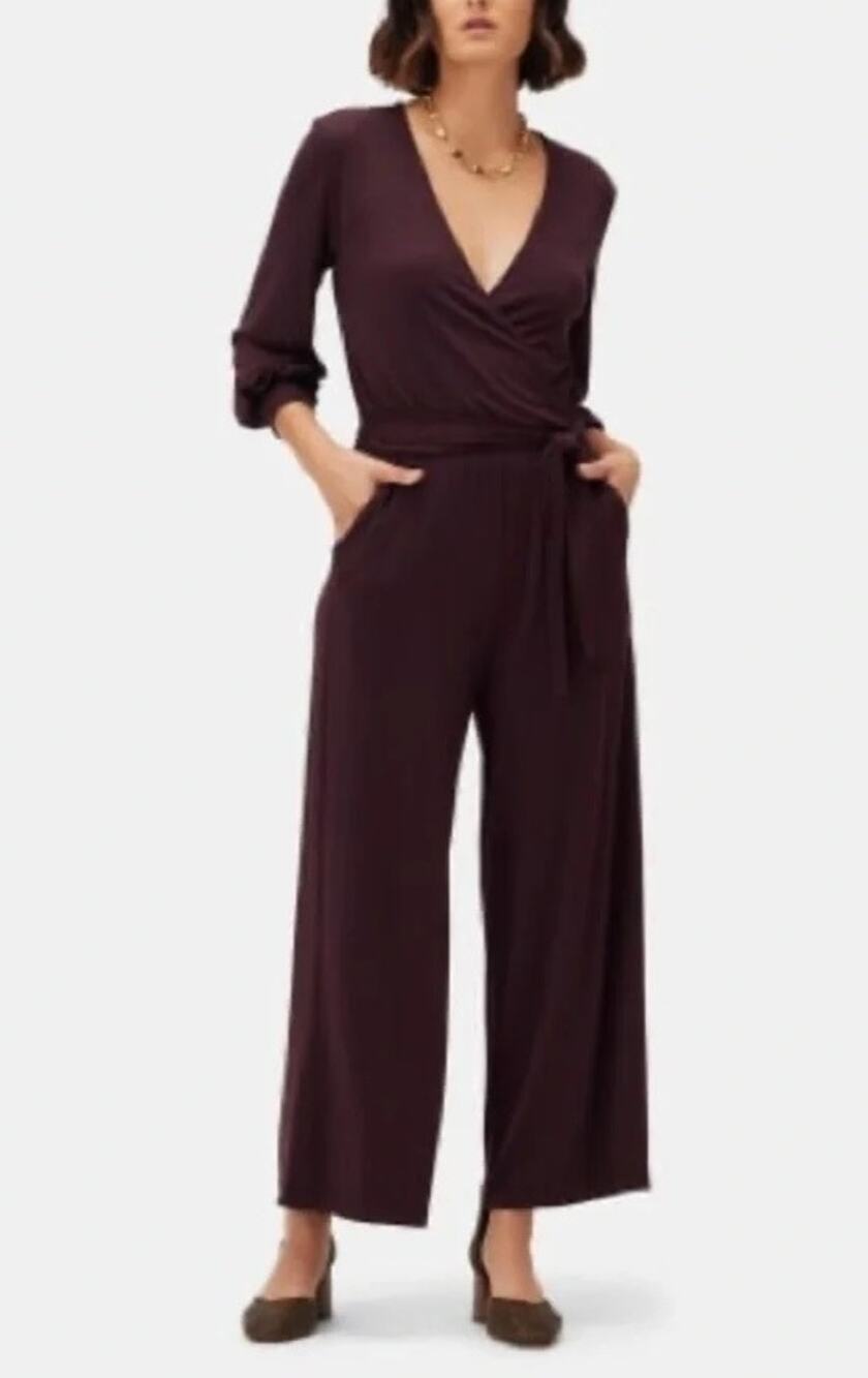NWT Amour Vert Everley Jumpsuit Sz XL Plum Wrap Tie Wide Leg